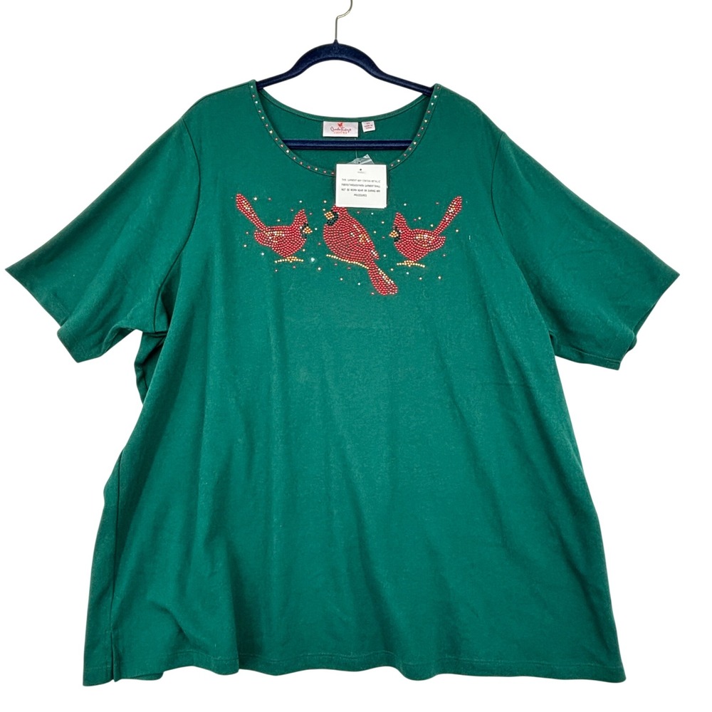 Quacker Factory Knit Top 3X Green Cardinal Rhinestone Embellished Short Sleeve